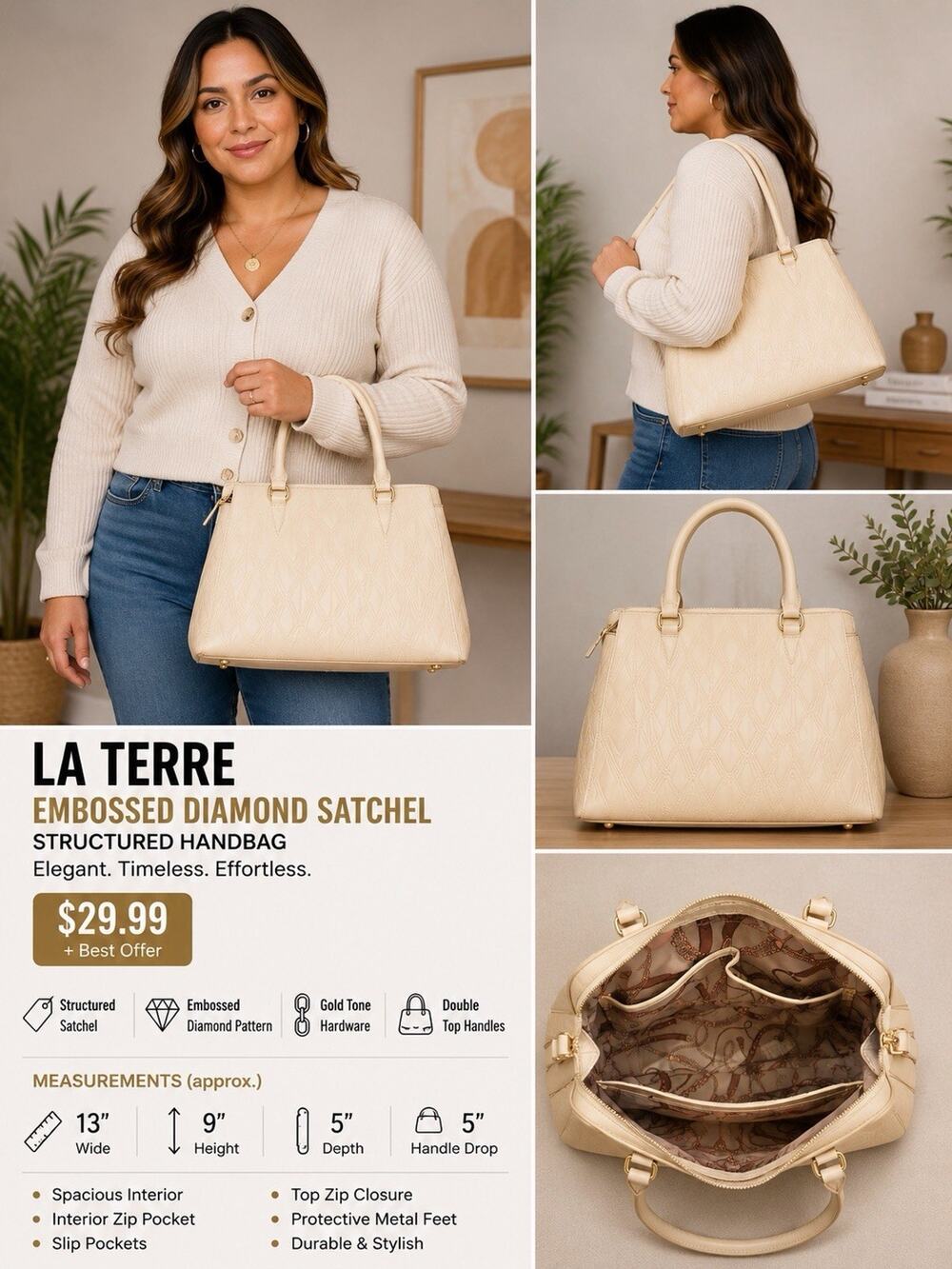 La Terre Beige Embossed Diamond Satchel Handbag Gold Tone Hardware NWT